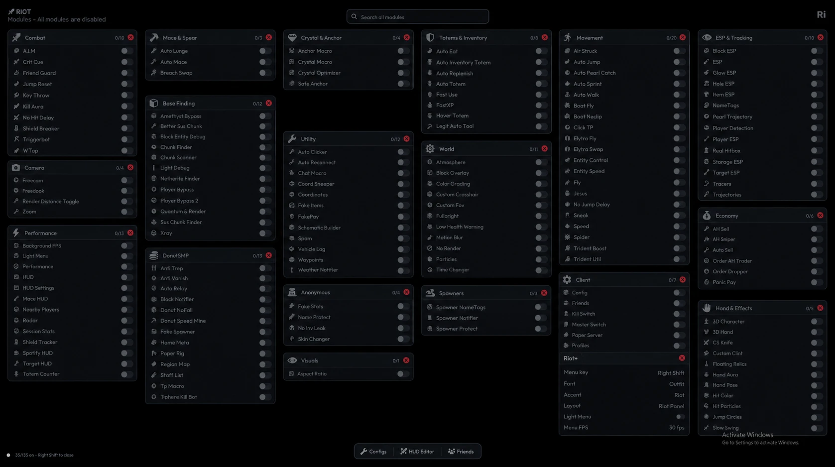 The Riot in-game module menu showing all categories